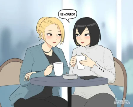 Dos mujeres, Iris y Morgan, conversan sentadas a una mesa de café en un estilo artístico anime.