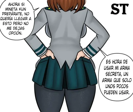 Uraraka de espaldas levantando su falda corta para mostrar sus glúteos a Mineta.