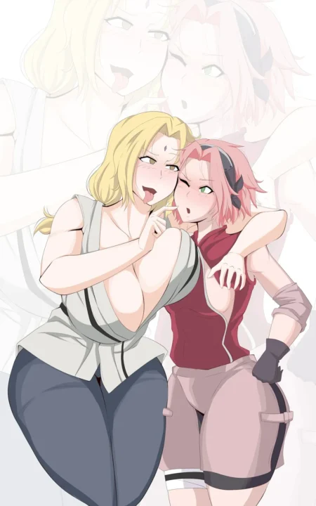 Tsunade y Sakura abrazadas con pechos grandes expuestos, lenguas fuera y expresiones sexuales excitadas.