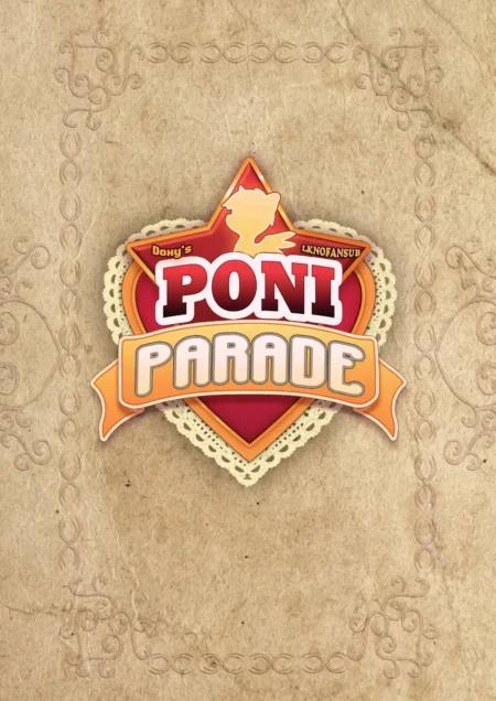 Logotipo de Poni Parade sobre un fondo de pergamino antiguo con bordes ornamentados.
