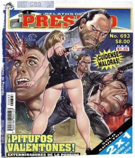 Mujer con vestido corto negro y pistola disparando entre guardias y prisioneros en portada de Relatos de Presidio 693.