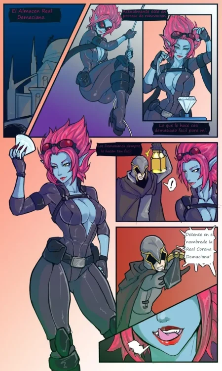 Eve de piel azul y pelo rosa con traje ajustado negro y escote pronunciado en un cómic erótico.