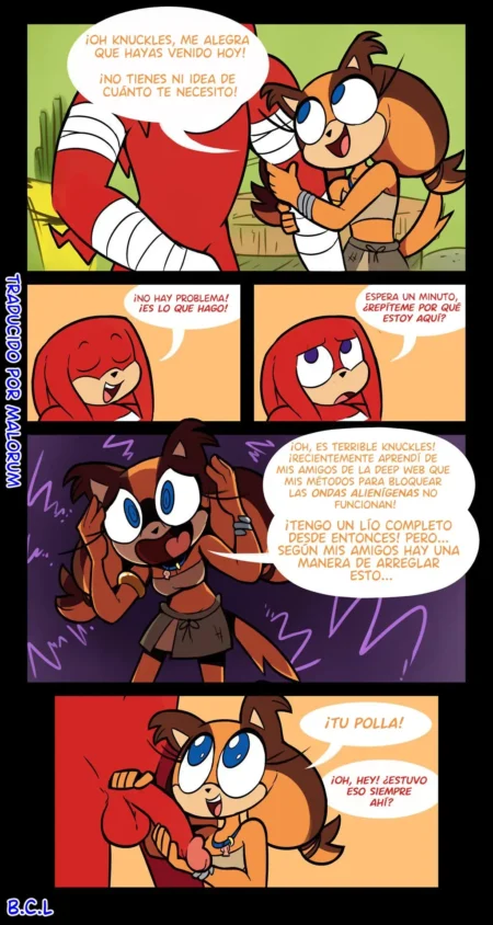 Sticks el tejón mirando con sorpresa el pene erecto de Knuckles mientras lo toca con la mano.