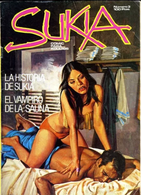 Mujer vampira con bragas rojas y top corto montada sobre un hombre desnudo en una cama.