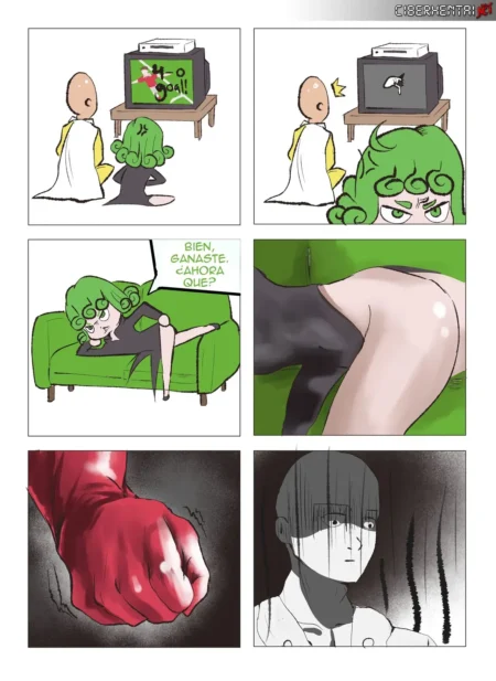 Tatsumaki recostada en un sofá verde con el trasero expuesto y Saitama observándola con deseo.