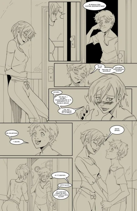 Página de cómic con personajes jóvenes en situaciones eróticas y sugerentes con ropa ajustada y gestos sexuales.