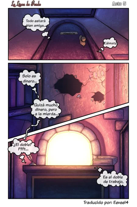 Viñeta de cómic con diálogos sobre dinero y trabajo en una habitación con paredes rosadas y un arco iluminado.