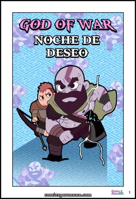 Kratos y Atreus en portada de cómic erótico Noche de Deseo con fondo azul y rayos eléctricos.