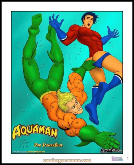 Aquaman penetrando analmente a otro hombre musculado con traje rojo y azul bajo el agua.