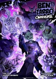 Portada del cómic Benzarro Omniverse con Ben 10 y Rook en versiones zombis rodeados de energía púrpura.