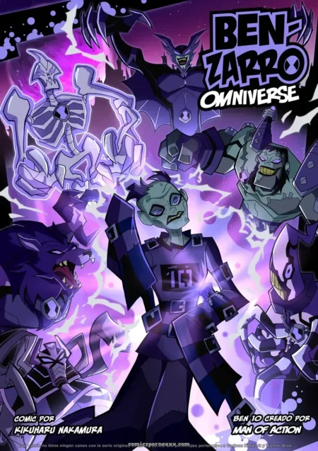 Portada del cómic Benzarro Omniverse con Ben 10 y Rook en versiones zombis rodeados de energía púrpura.