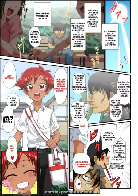 Página de manga con un joven bronceado de pelo rojo y un hombre deseando follar con chicas jóvenes en verano.