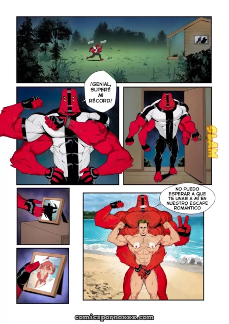 Four Arms fusionado con Venom abrazando a un hombre desnudo por detrás en una playa mientras lo toca sexualmente.