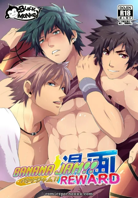 Tres hombres musculosos y sudorosos con torsos desnudos posando juntos en una portada de doujinshi yaoi explícito.