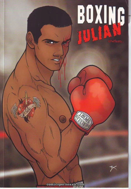 Boxeador musculoso con guantes rojos y tatuaje en el pecho sangrando por la nariz en Boxing Julian.