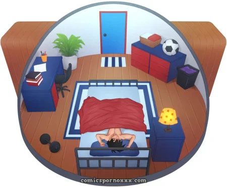 Gohan durmiendo desnudo en su cama con las sábanas rojas cubriendo su cuerpo en su habitación de Cam House.