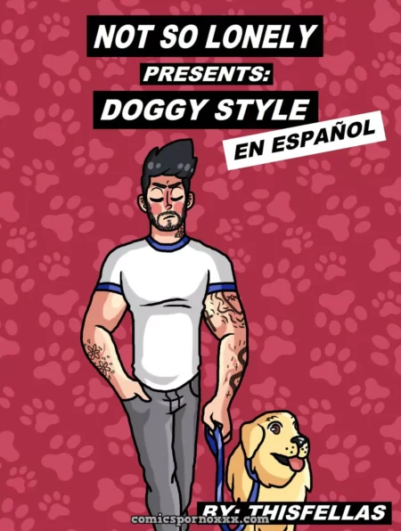 Hombre musculoso con camiseta blanca y tatuajes sosteniendo la correa de un perro labrador sobre fondo rojo con huellas.