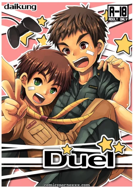 Dos chicos jóvenes abrazados con uniformes escolares y curitas en la mejilla en una portada de yaoi explícito.
