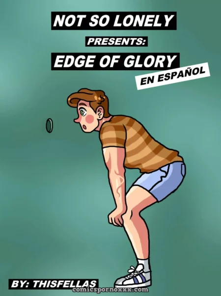 Hombre joven con camiseta a rayas y shorts azules frente a un glory hole en una pared verde.