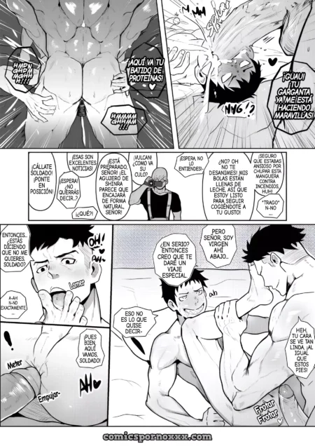 Hombres musculosos de Fire Force practicando sexo oral y frotando sus penes excitados en un cómic erótico.