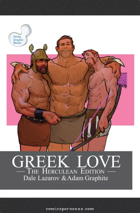 Tres hombres musculosos y desnudos con túnicas griegas abrazados mostrando sus pechos velludos y cuerpos atléticos.