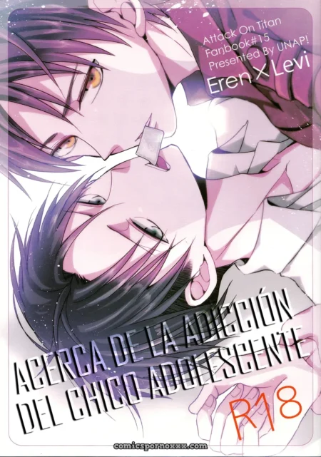 Eren y Levi de Attack on Titan besándose apasionadamente con lenguaje sexual explícito R18 en un fanbook erótico.