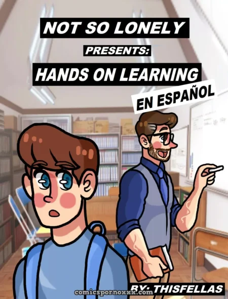 Profesor musculoso con gafas dando clase a alumno rubio en un aula de biblioteca.