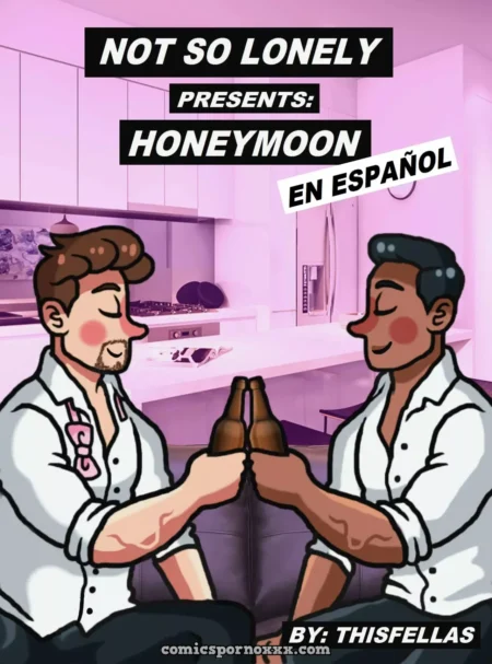 Dos hombres con camisas blancas abiertas brindan con cervezas en una cocina durante su luna de miel.