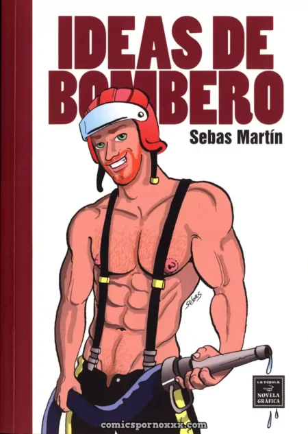 Bombero musculoso y velludo con casco y tirantes sosteniendo una manguera goteando en ilustración hentai yaoi.