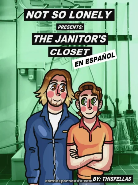Dos hombres adultos posando juntos en un armario de limpieza para un cómic erótico gay.