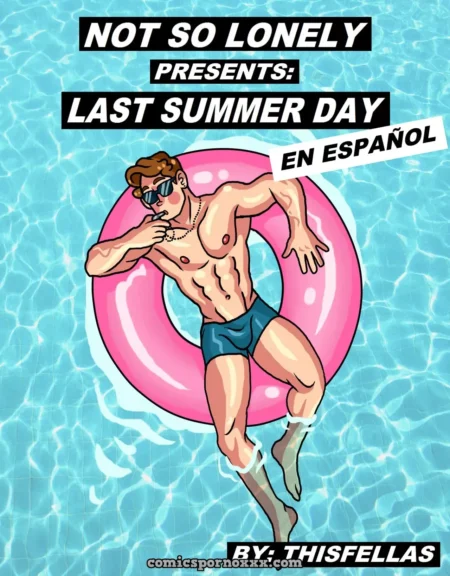 Hombre musculoso con bañador azul ajustado flotando en una piscina con un flotador rosa en Last Summer Day.