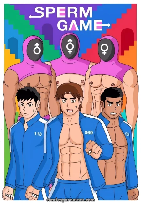 Hombres musculosos con chándales azules y figuras encapuchadas rosas en el juego sexual gay del esperma.