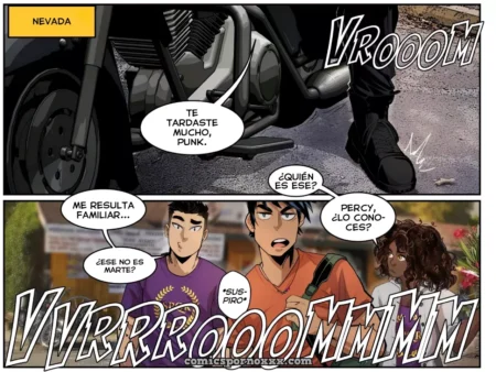 Viñeta de cómic con Ares en su motocicleta y Percy Jackson junto a Annabeth observándolo en Nevada.