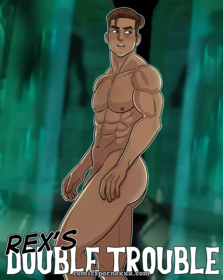 Hombre musculoso y desnudo de cuerpo atlético posando de pie con el pene y los testículos expuestos.