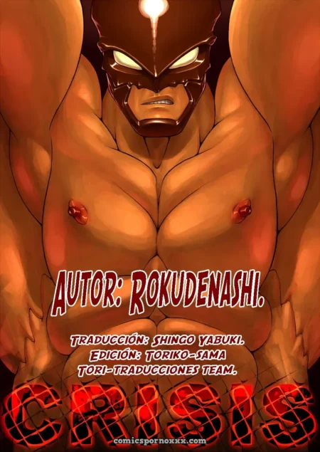 Hombre musculoso con máscara metálica y torso desnudo resaltando pectorales y pezones erectos en arte de Rokudenashi.