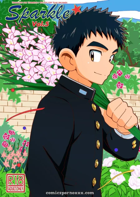 Joven estudiante de anime con uniforme escolar negro sosteniendo flores frente a un jardín.
