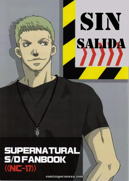 Hombre rubio de Supernatural con camiseta negra ajustada en portada de fanbook erótico NC-17 Sin Salida.