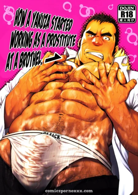 Yakuza musculoso con torso sudado y abdomen marcado usando calzoncillos blancos ajustados que marcan su erección.