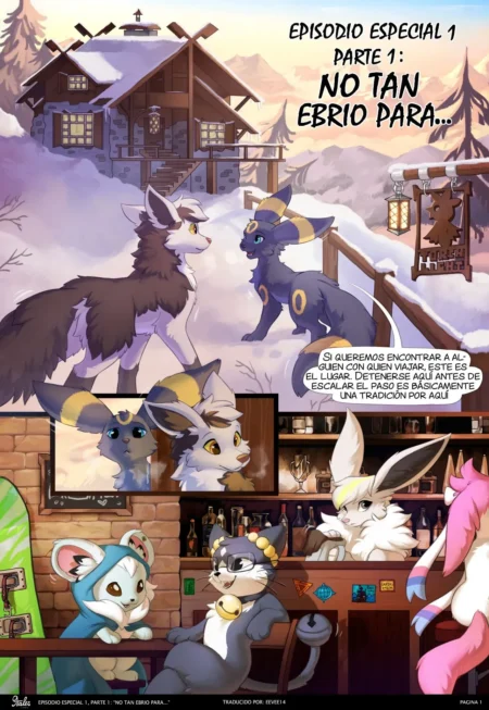 Dos criaturas antropomórficas caninas conversan frente a una taberna nevada en el episodio especial de 9Tales.