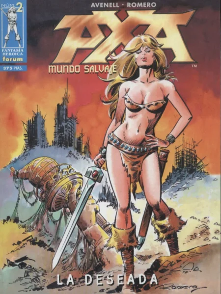 Mujer rubia con bikini diminuto de cuero y botas peludas posando con una espada en un paisaje postapocalíptico.