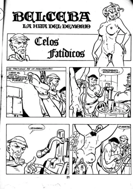 Cómic Belceba con mujer desnuda siendo sometida a una dildo mecánica gigante en su vagina mientras grita de placer.