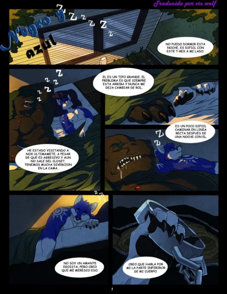 Lobo azul durmiendo junto a un t-rex negro tras una noche de sexo intenso y penetración.