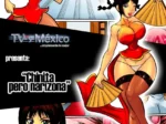 Mujeres anime con pechos grandes y ropa ajustada roja y amarilla posando con abanicos y medias negras.