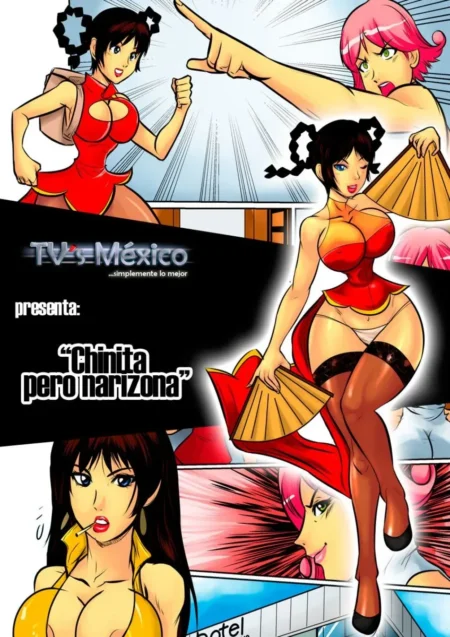 Mujeres anime con pechos grandes y ropa ajustada roja y amarilla posando con abanicos y medias negras.