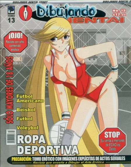Mujer anime rubia con traje deportivo rojo ajustado que resalta sus pechos y caderas sosteniendo un balón de voleibol.