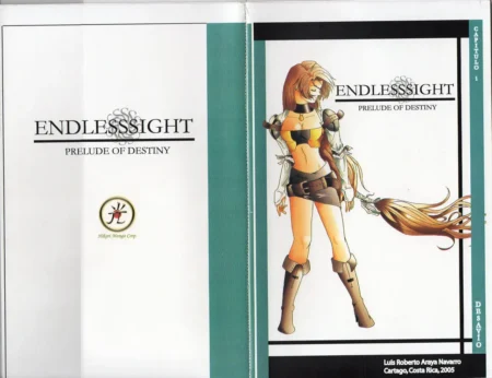 Mujer anime de Endless Sight con top negro corto, minifalda ajustada y botas altas posando con el pecho semi expuesto.