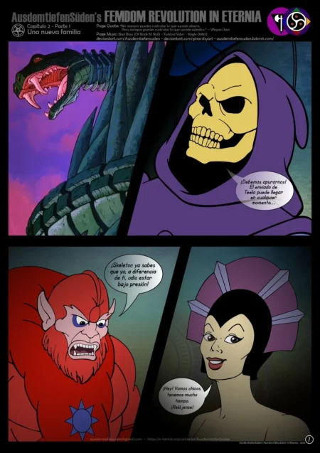 Cómic de Femdom Revolution in Eternia con Skeletor, Beast Man y una mujer dominante planeando su sumisión sexual.