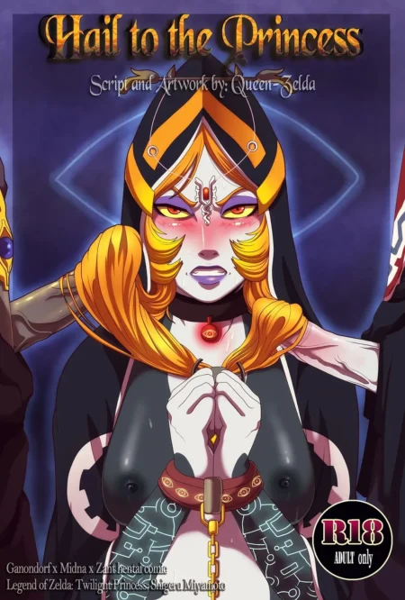 Midna con túnica negra abierta, pechos descubiertos y erectos, collar con joya roja y expresión excitada.