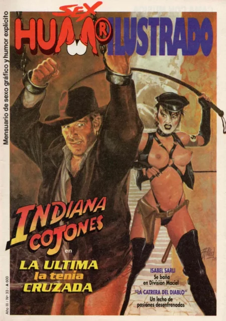 Hombre con sombrero y mujer con arnés erótico y pechos expuestos en portada de revista sexual Indiana Cojones.