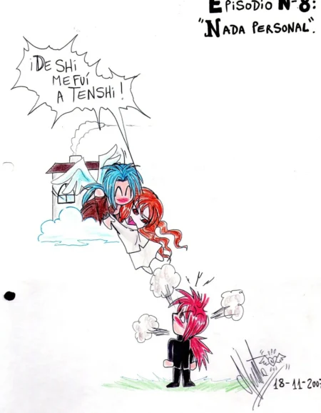 Dibujo de personaje pelirrojo gritando mientras una mujer es llevada al cielo por un hombre de pelo azul.